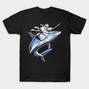 Cat Samurai Ninja Riding Shark T-Shirt